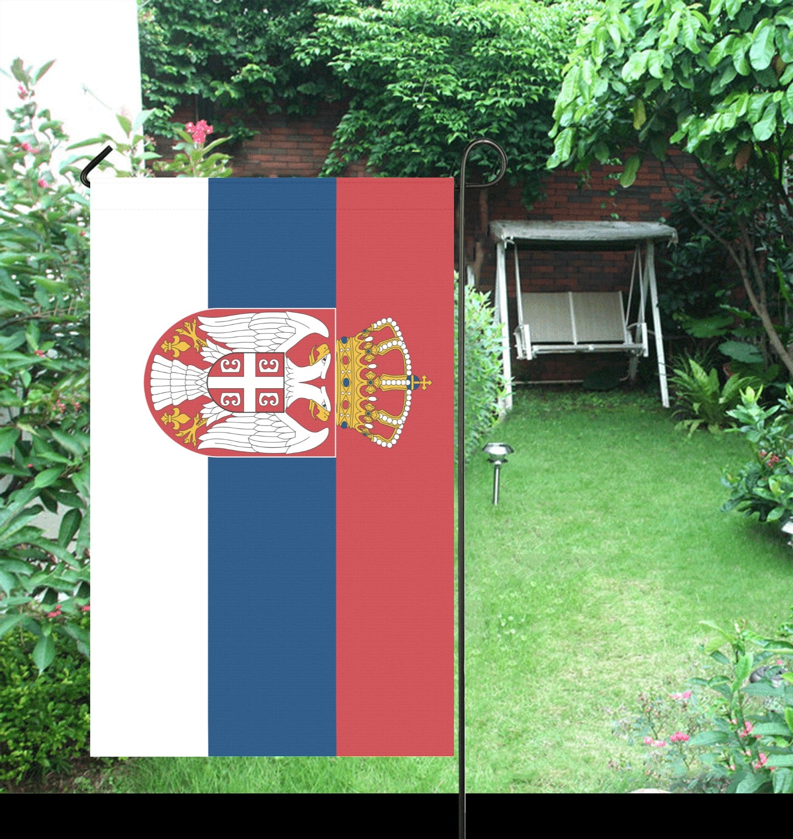 Garden with Luv My Flag, Serbian design, vibrant greenery.