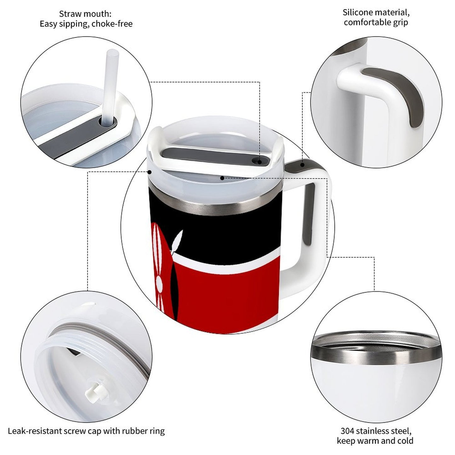 [Brand] tumbler with straw, silicone grip, and stainless steel features.