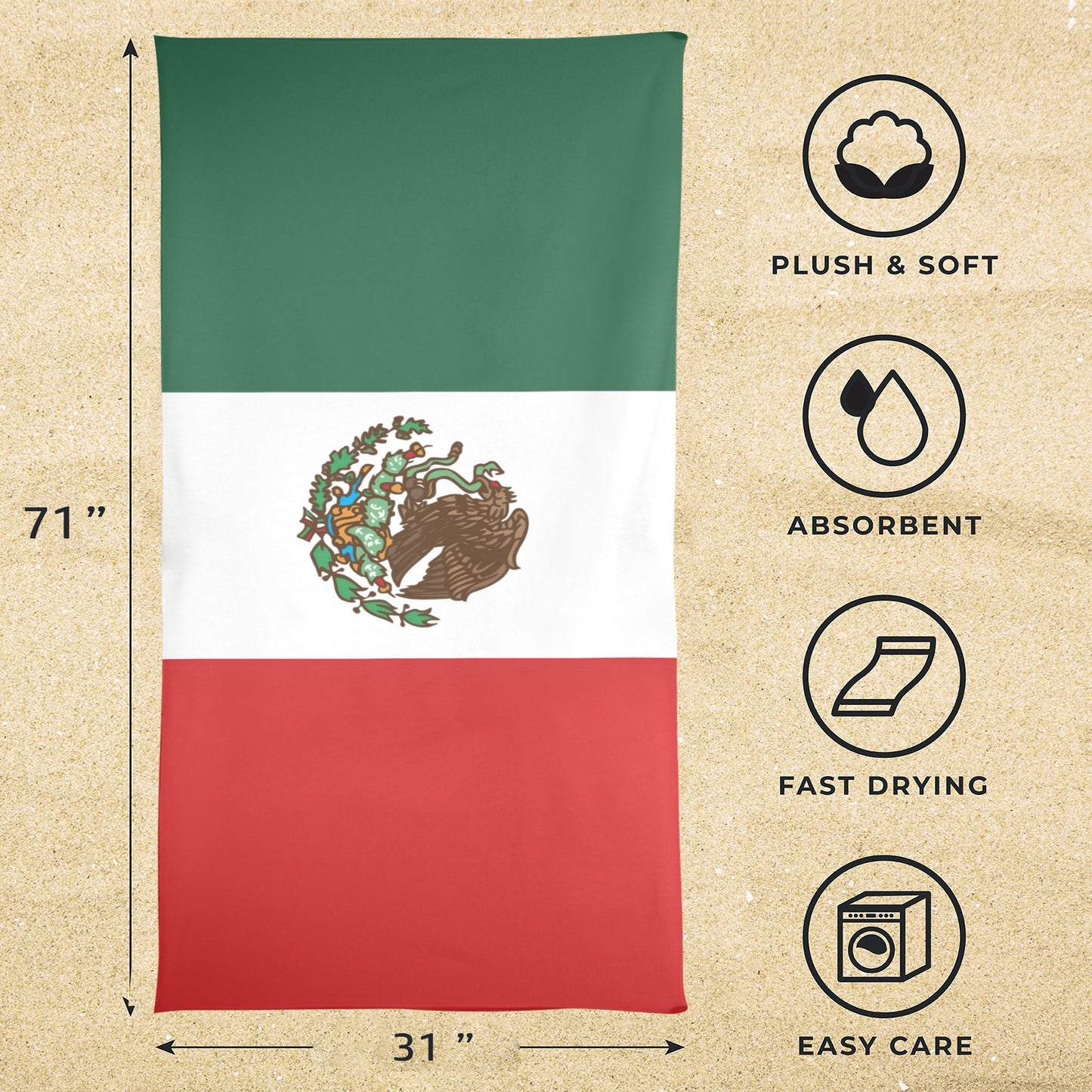 Mexico Flag Inspired Beach Towel 31"x71" | Ships from USA