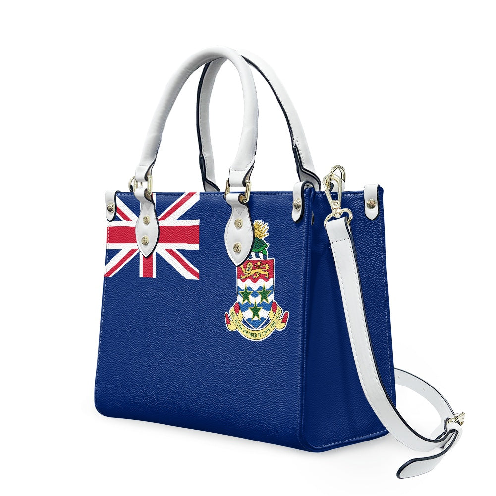 Blue handbag with flag design, white handles, Luv My Flag.