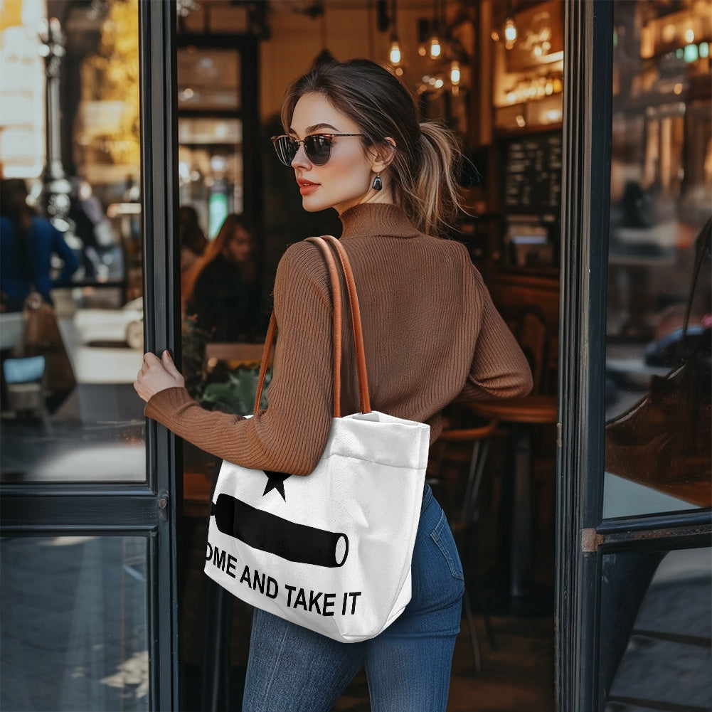 Stylish woman carrying [Brand] tote bag entering cozy cafe.