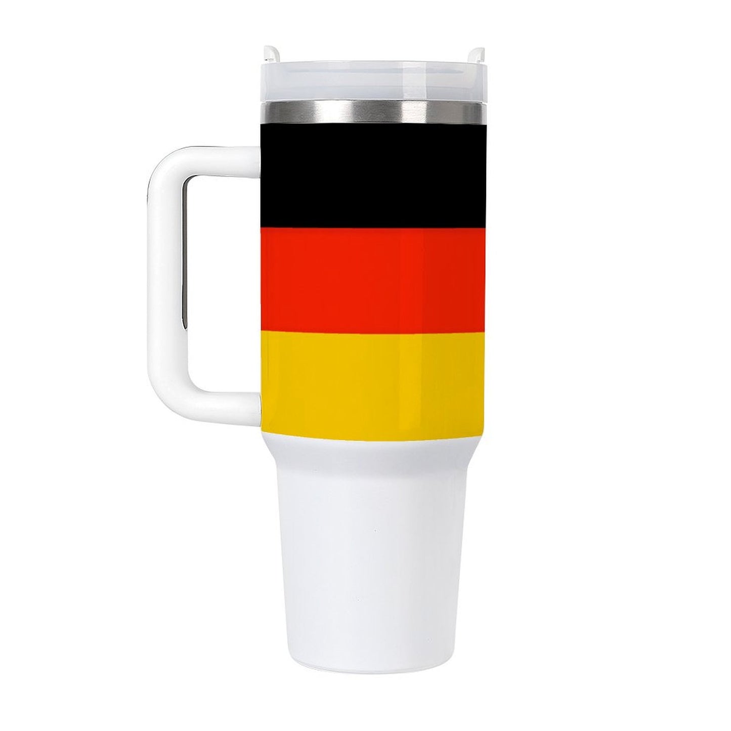 White travel mug with German flag, [Brand] design.