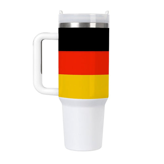 White travel mug with German flag, [Brand] design.