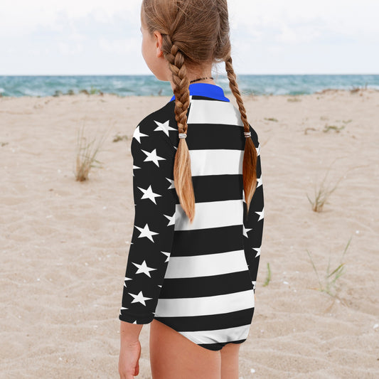 Thin Blue Line Flag Little Girls' Long Sleeve One-Piece Swimsuit