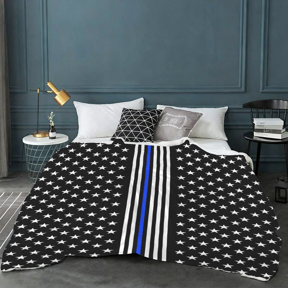 Thin Blue Line Stripes Style-2 Sherpa Fleece Blanket 90" x 108" | Prtinted in the USA