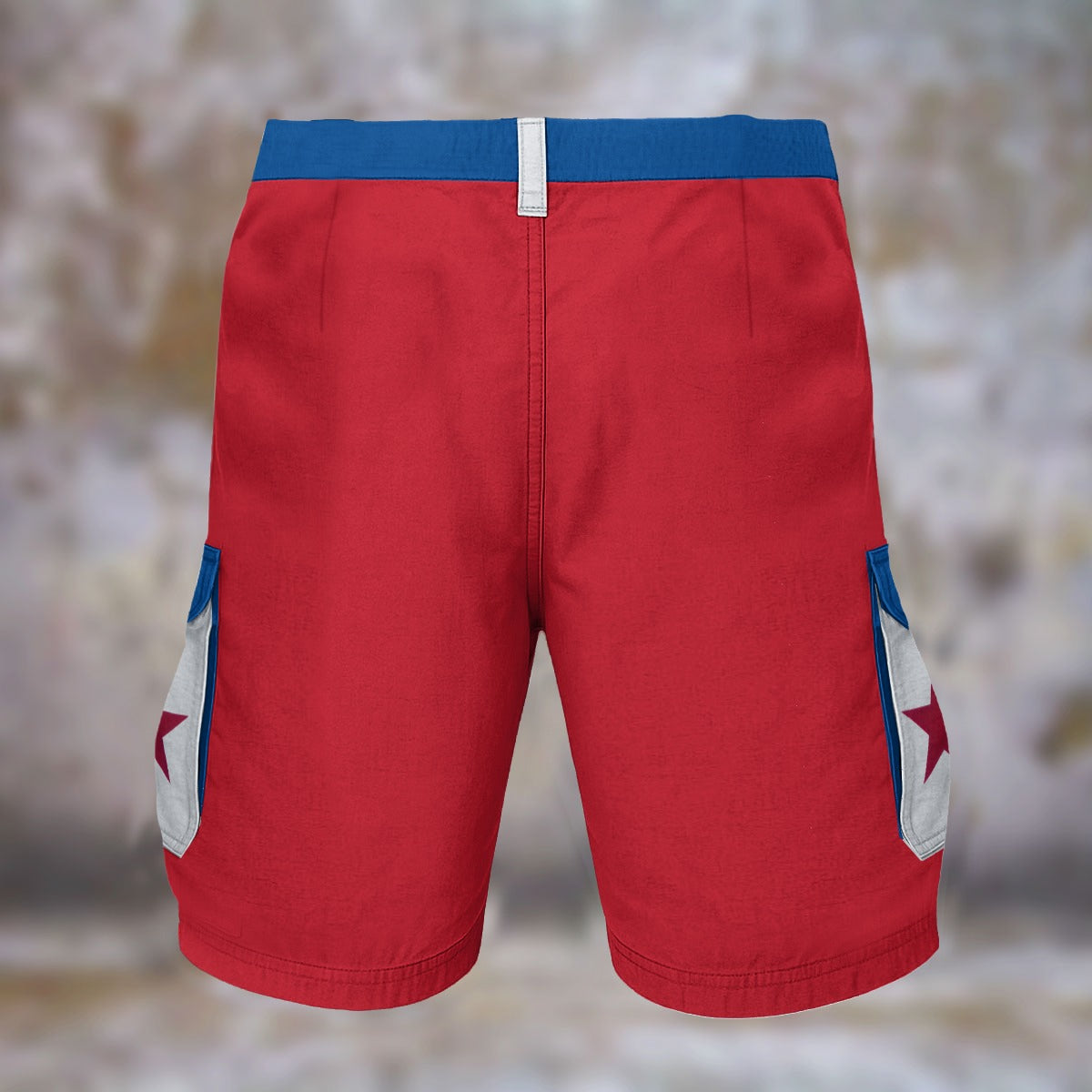 Red shorts with blue accents, star pockets, [Brand] design.