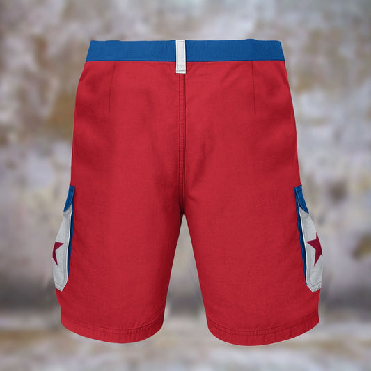 Red shorts with blue accents, star pockets, [Brand] design.