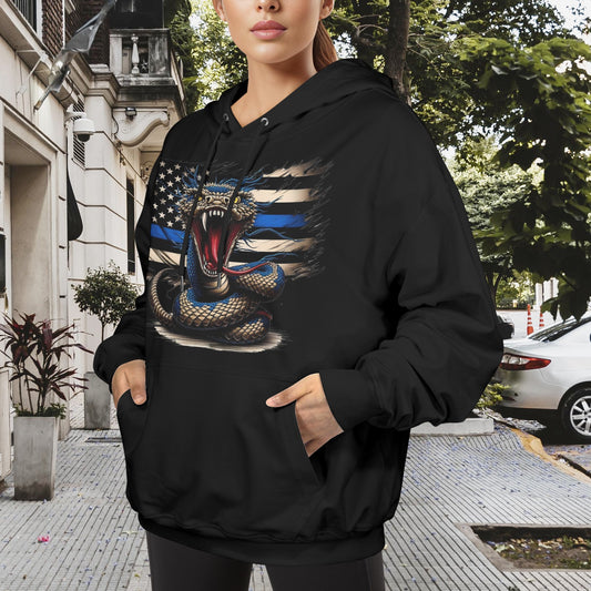 Thin Blue Line Distressed Flag w/Snake Women's Hoodie (Made in the USA)