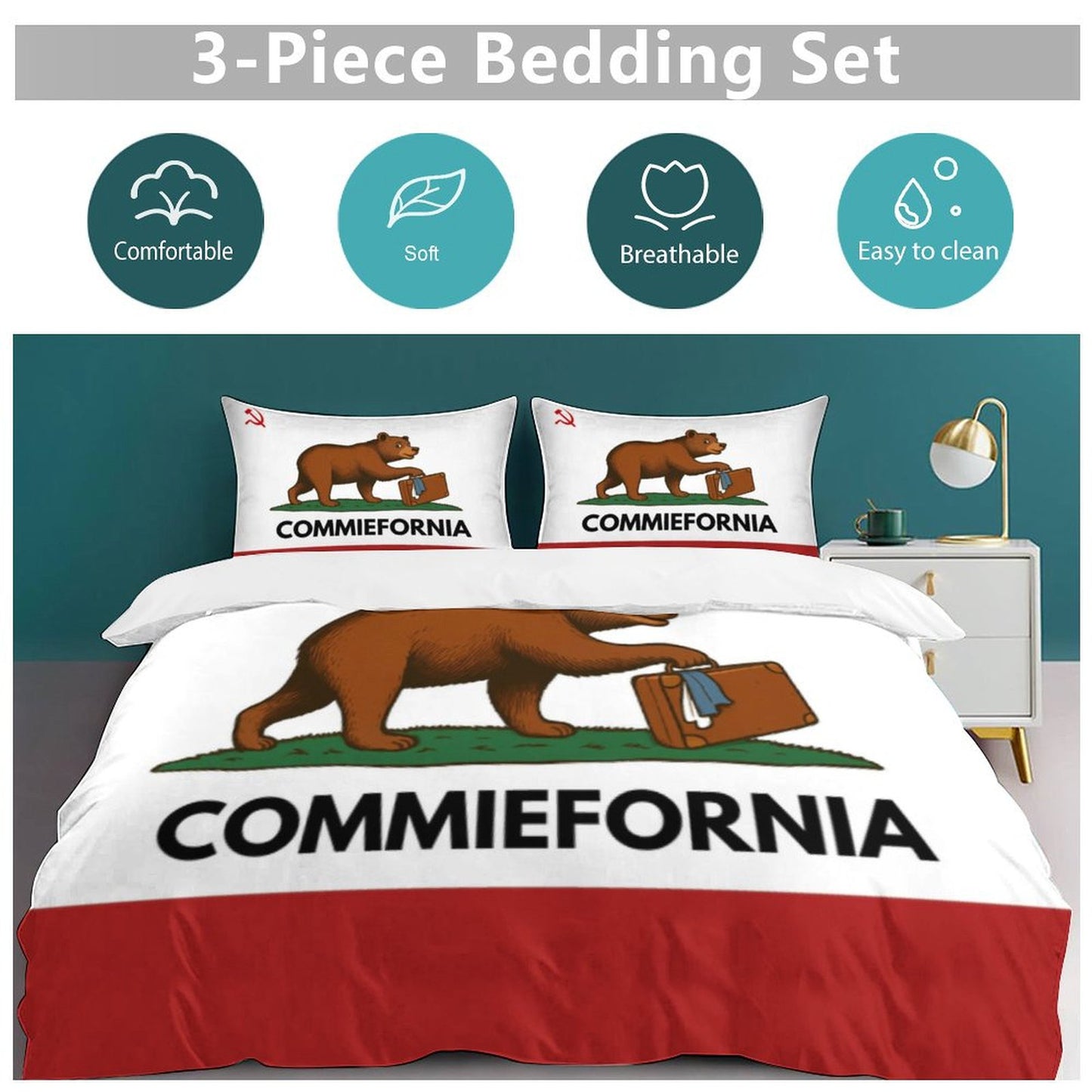 California Flag Inspired (COMMIEFORNIA) 3-Piece Bedding Set (1 Duvet Cover + 2 Pillow Shams) – 102"×90"
