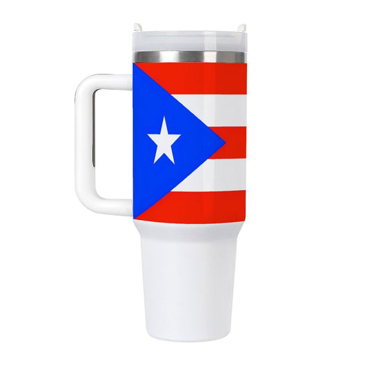 White travel mug featuring Puerto Rican flag by [Brand].