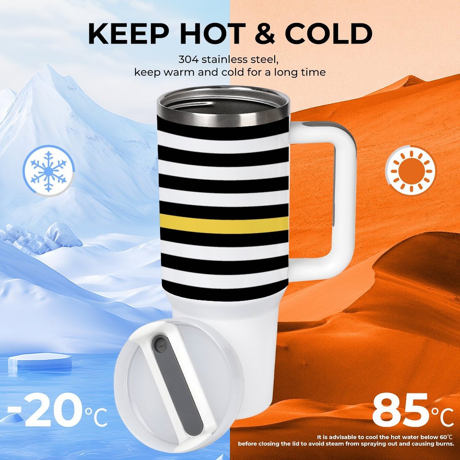 [Brand] mug with black stripes, keeps drinks hot or cold.