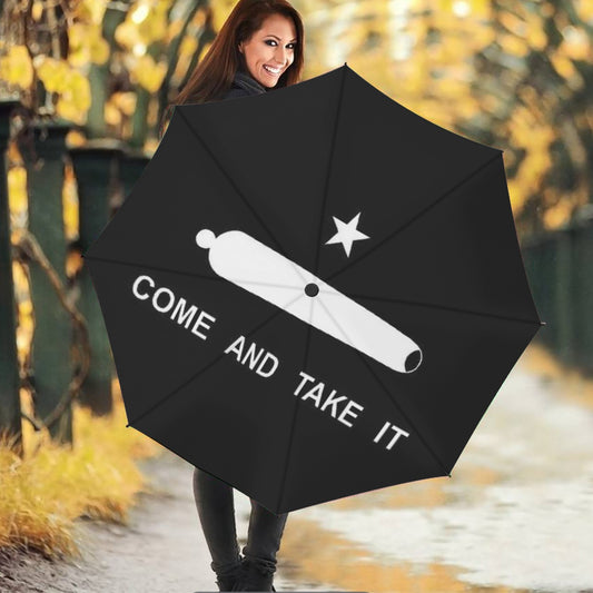Smiling woman holding [Brand] umbrella with bold message.