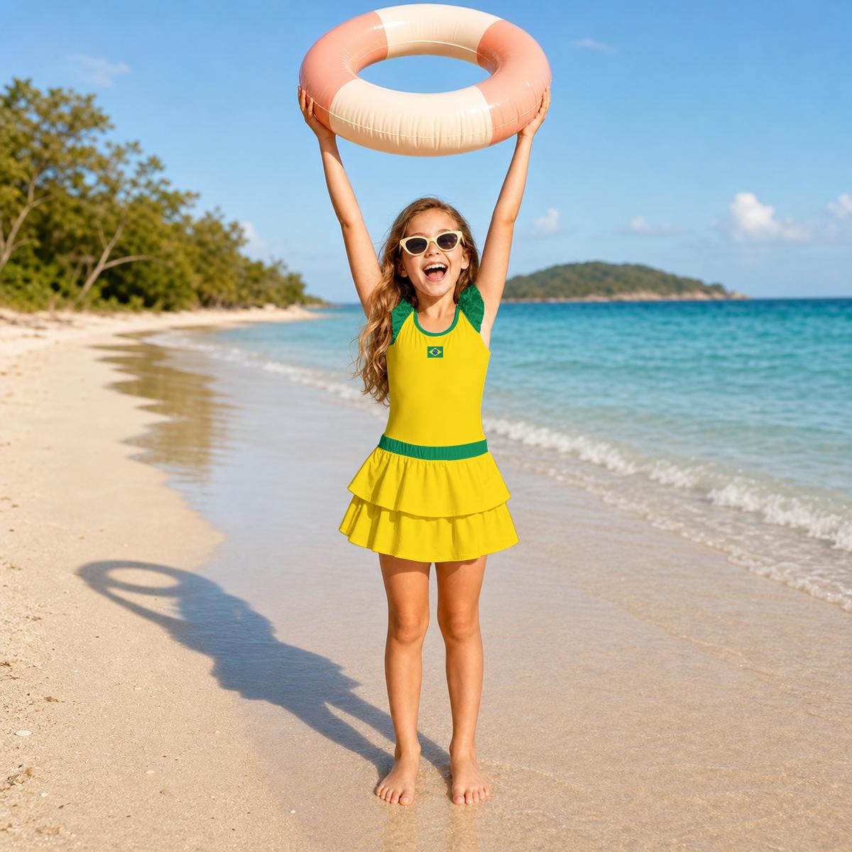 Brazil Flag Inspired Ruffle Layered Girls Swim Set