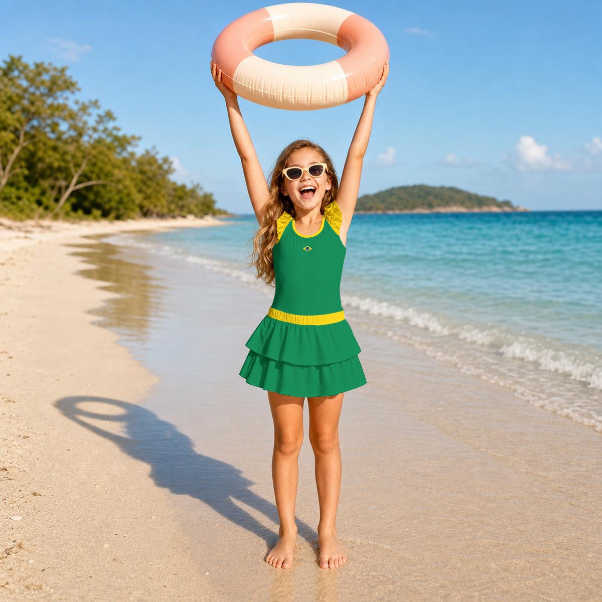Brazil Flag Inspired Ruffle Layered Girls Swim Set Style-2