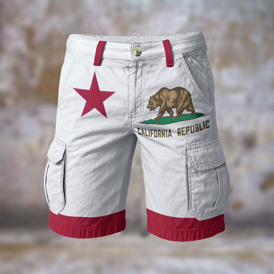 [Brand] shorts featuring California flag design with red accents.