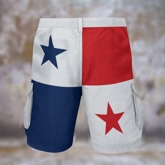 [Brand] shorts feature Panama flag design with star pattern.