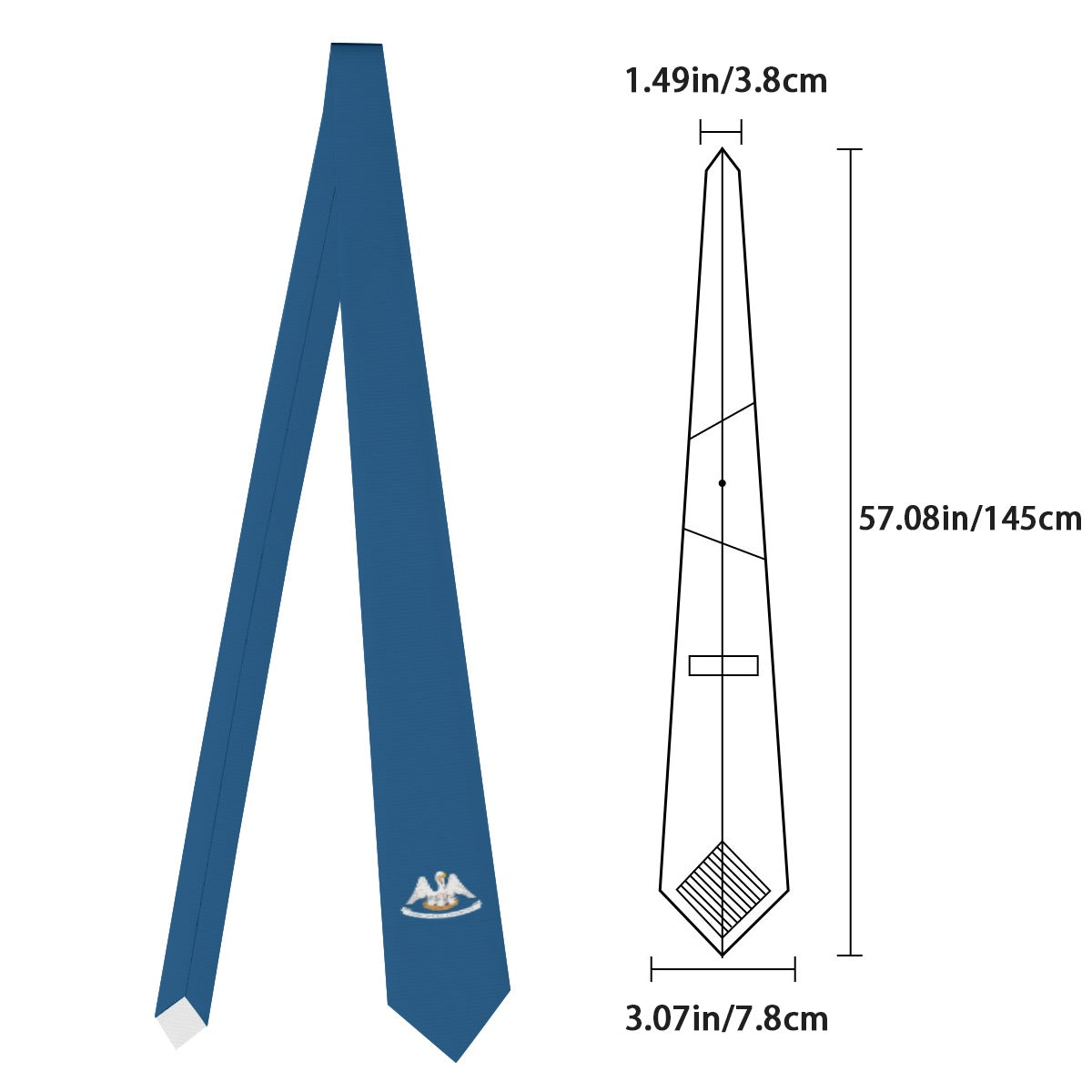 Blue tie with measurements and logo, [Brand], elegant design.