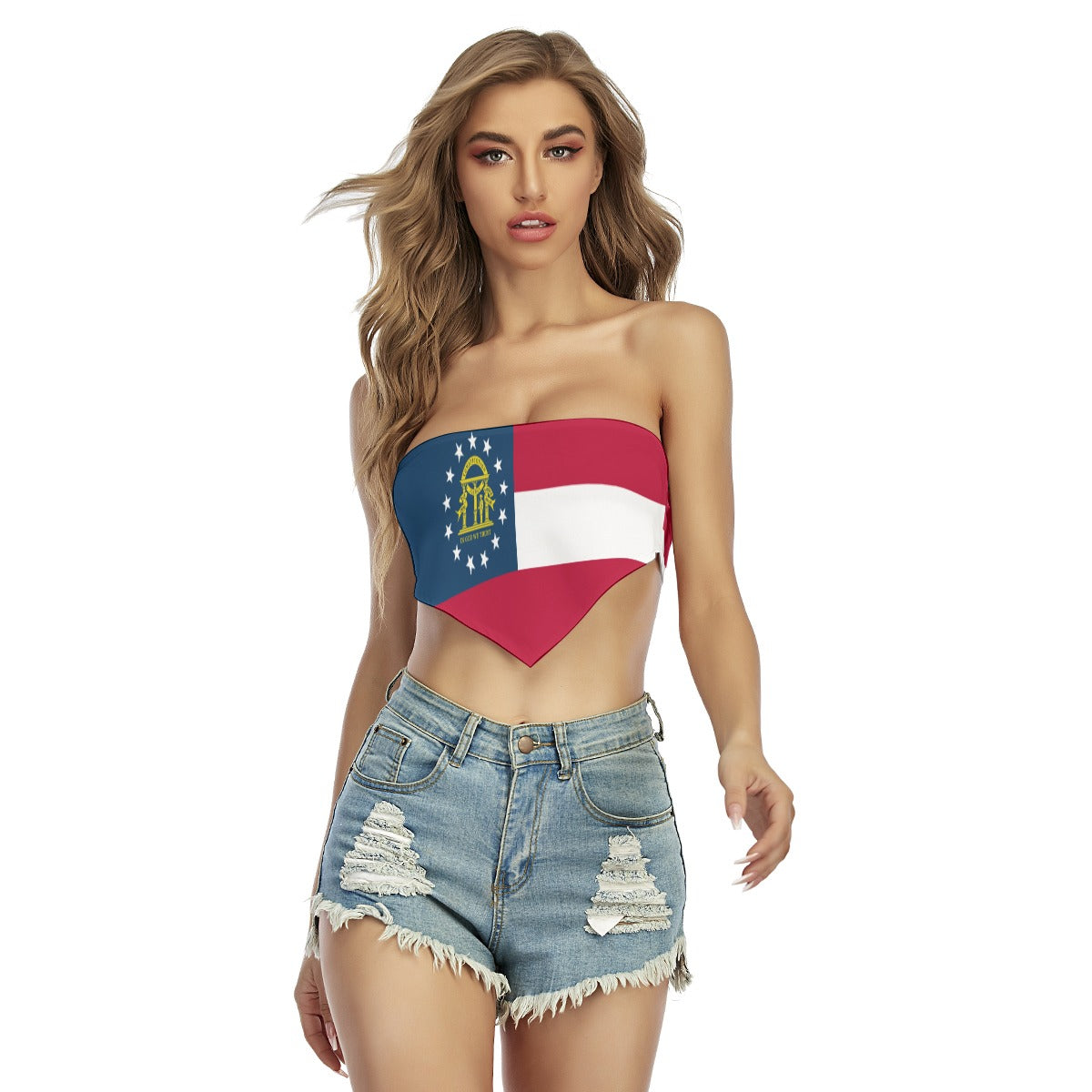 Woman wearing Georgia flag top and denim shorts, [Brand].
