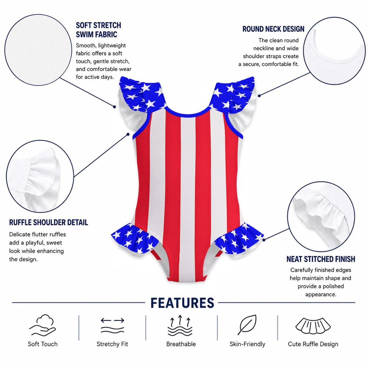 USA/America Flag Inspired Ruffle Sleeve One-Piece Girls Swimsuit Style-2