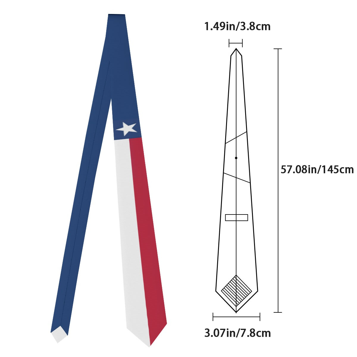 Blue, red, white tie with star; dimensions shown; [Brand].