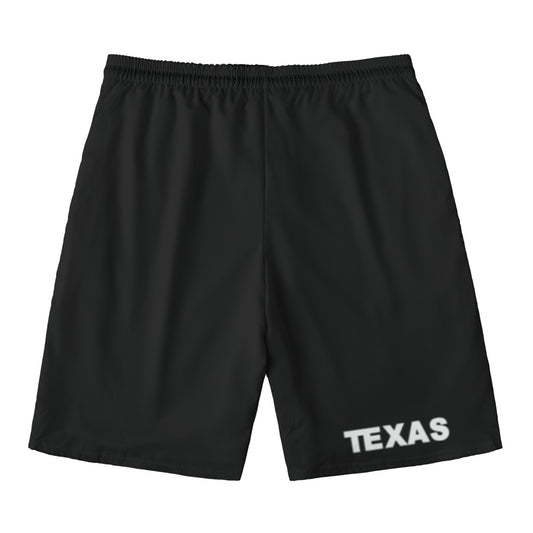 Black shorts with "Texas" text, by Luv My Flag.