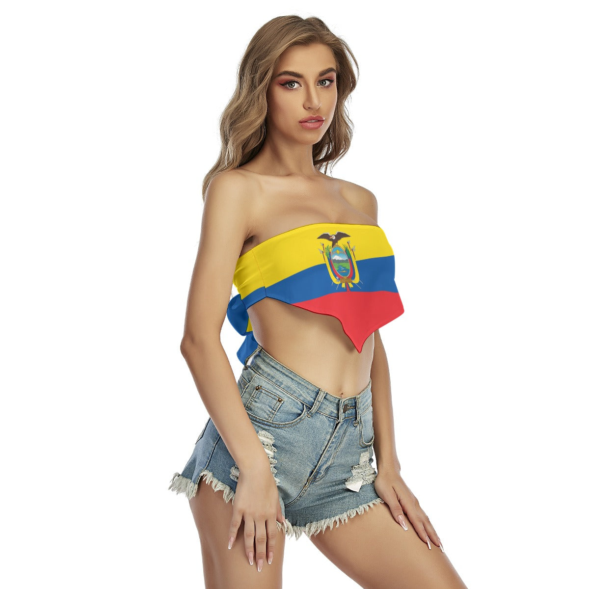 Woman in Ecuador flag top, denim shorts; [Brand] fashion.