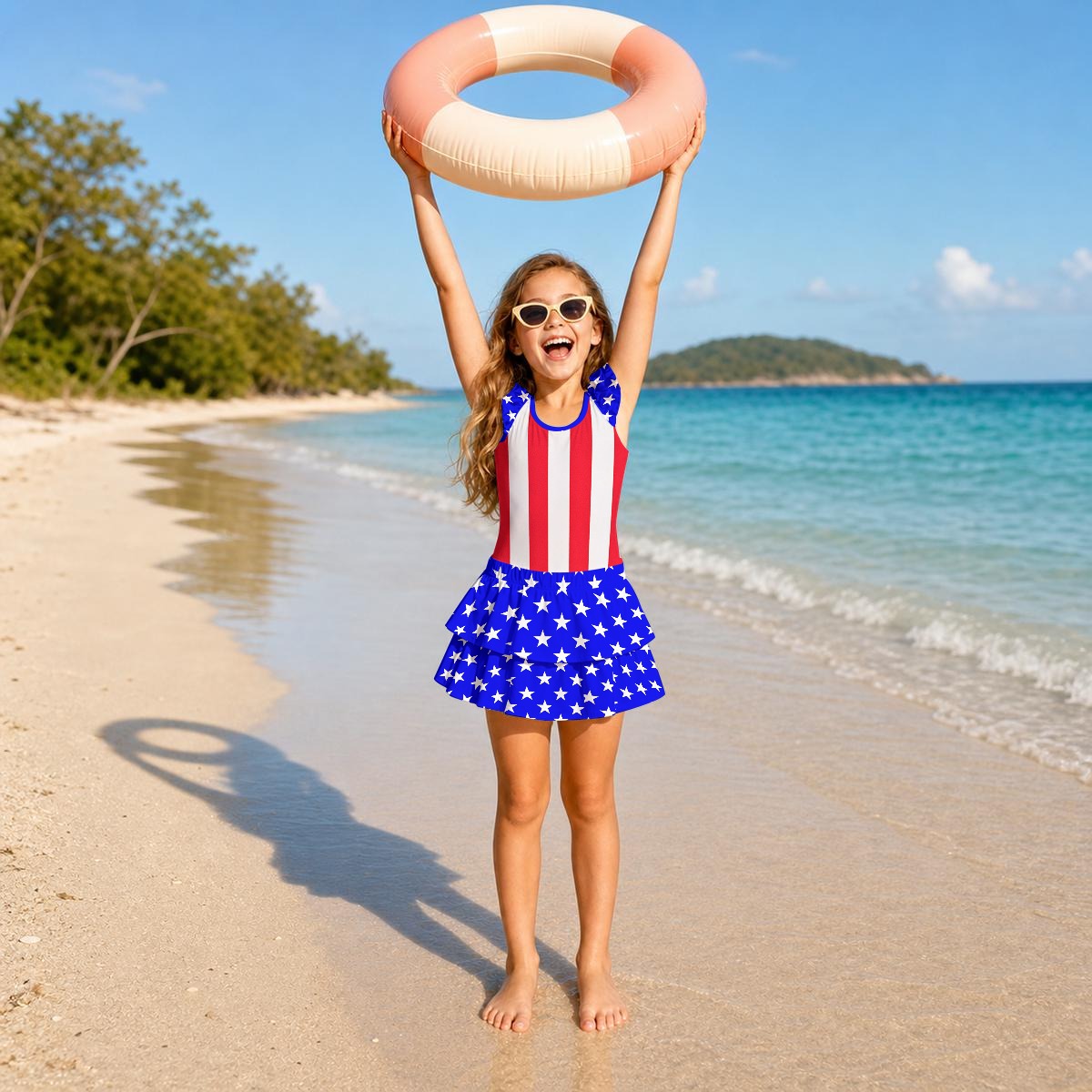 USA/America Flag Inspired Ruffle Layered Girls Swim Set Style-2