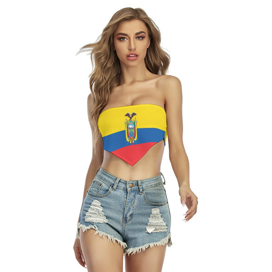 Young woman models [Brand] Ecuador flag top and shorts.