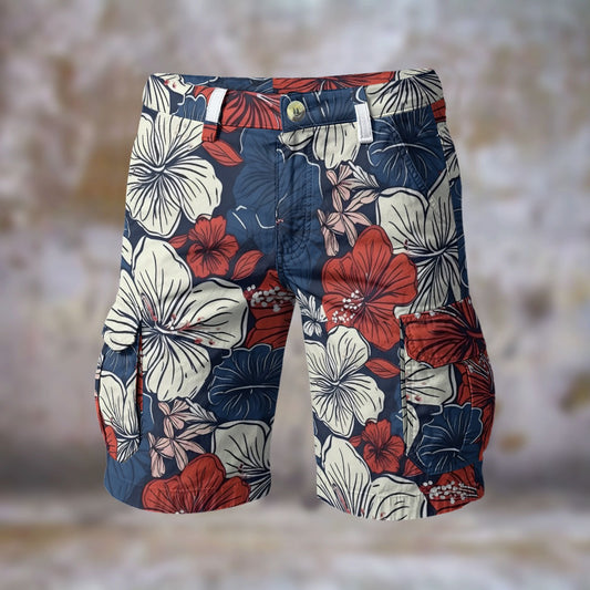 USA Red White Blue Hawaiian Cargo Shorts – Patriotic Floral Style - Luv My Flag
