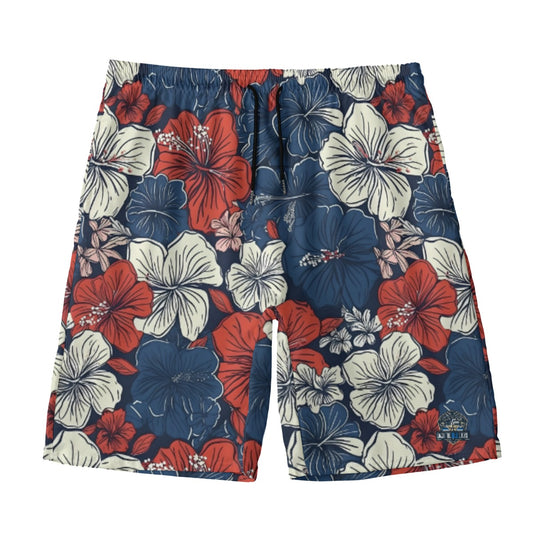 Luv My Flag shorts, floral pattern in red, blue, white.