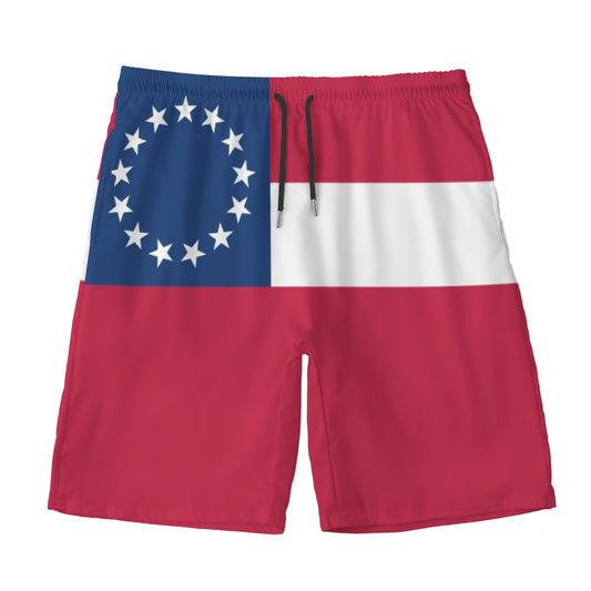 Red shorts with vintage flag design by Luv My Flag.