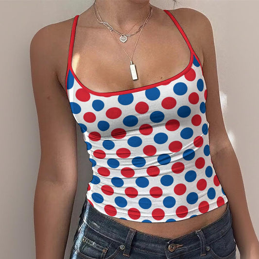 USA/American Flag Inspired Polka Dot Pattern Women's Spaghetti Strap Tank Top