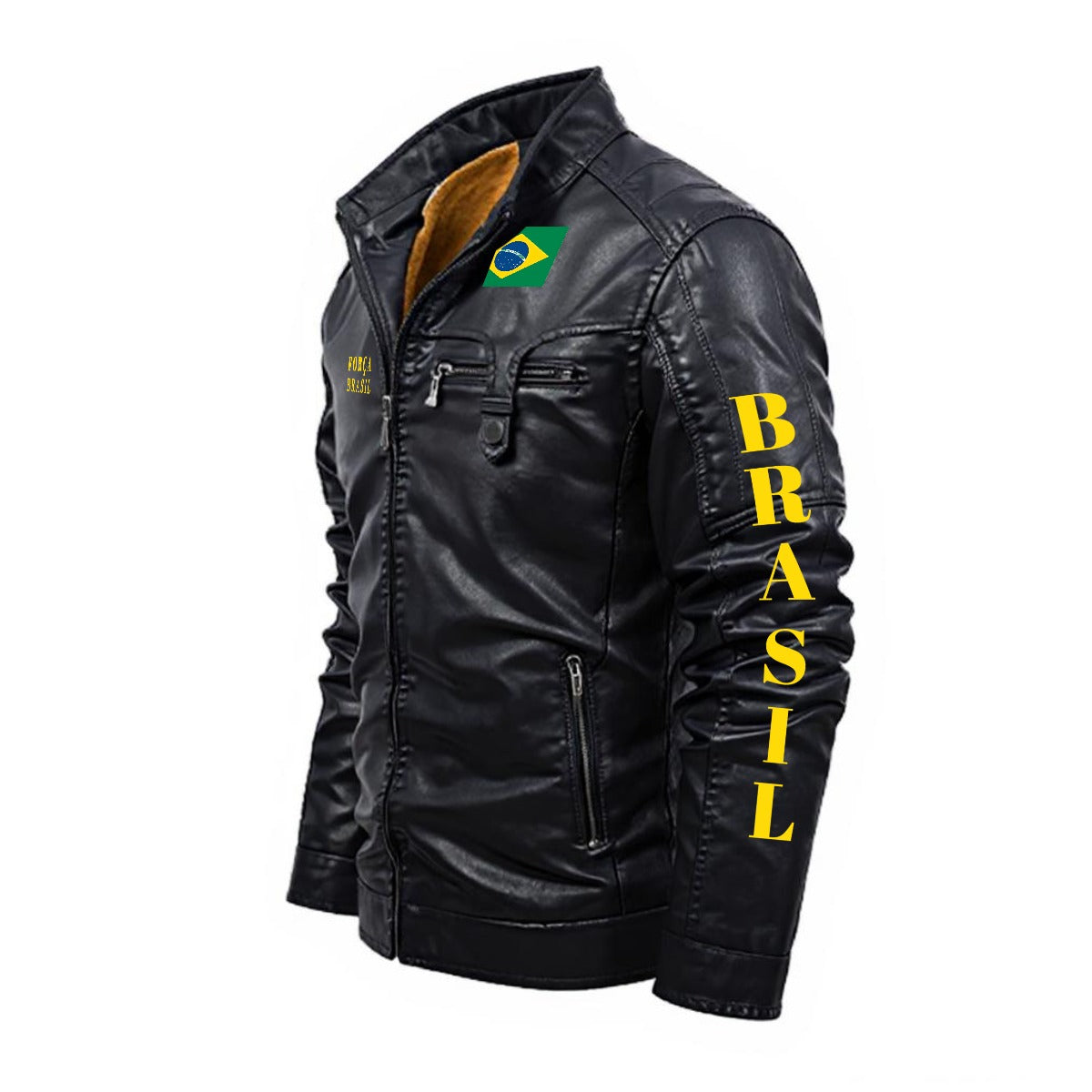 Brazil Flag Inspired Plush Fleece Decorative Zipper Faux Leather Jacket