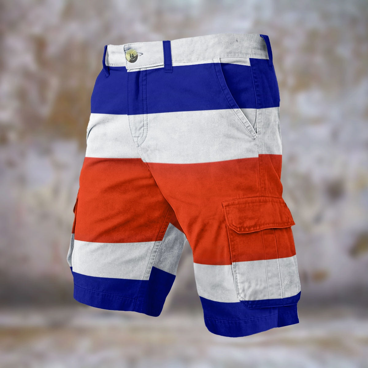 [Brand] cargo shorts with red, white, blue striped design.