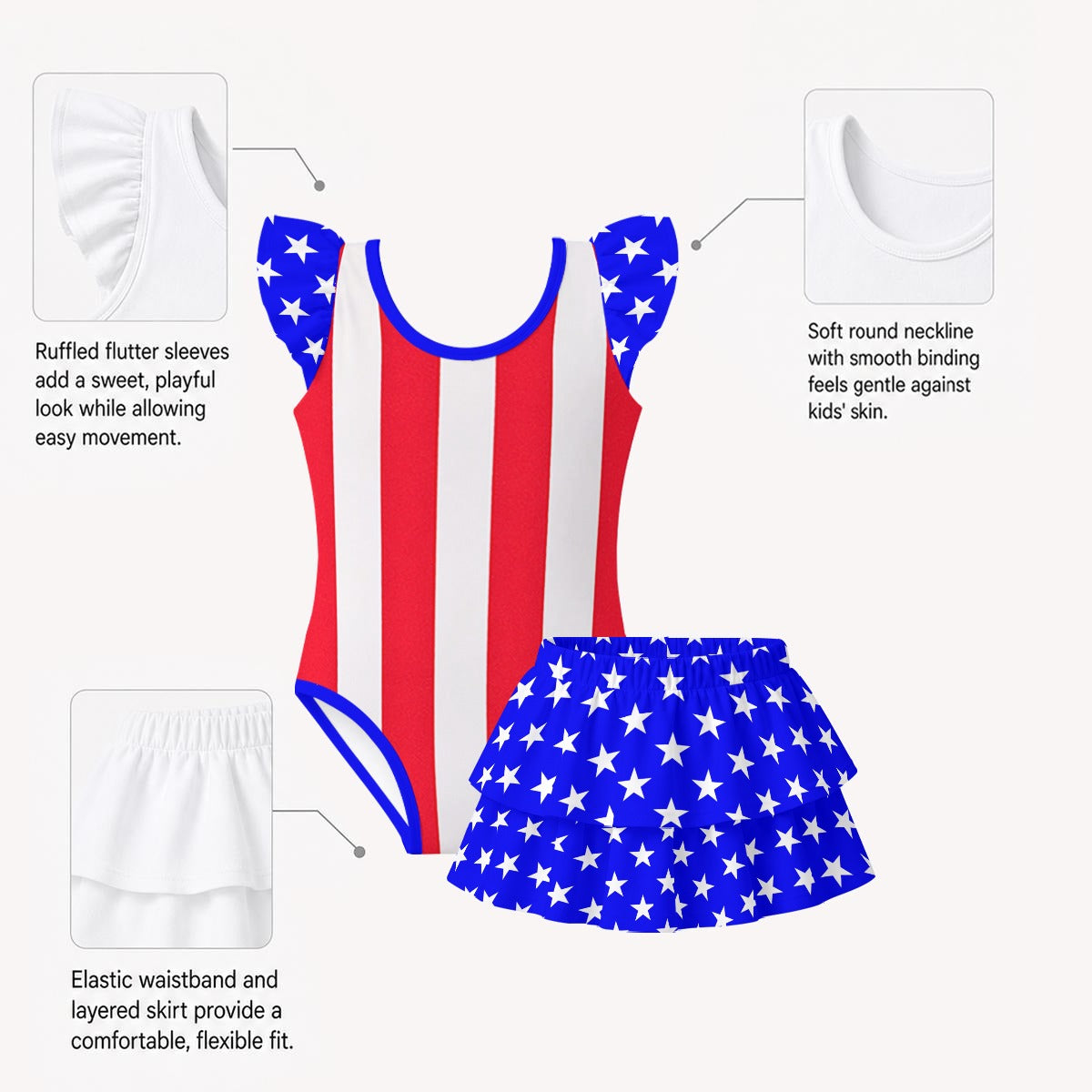 USA/America Flag Inspired Ruffle Layered Girls Swim Set Style-2