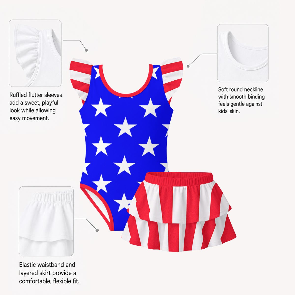 USA/America Flag Inspired Ruffle Layered Girls Swim Set
