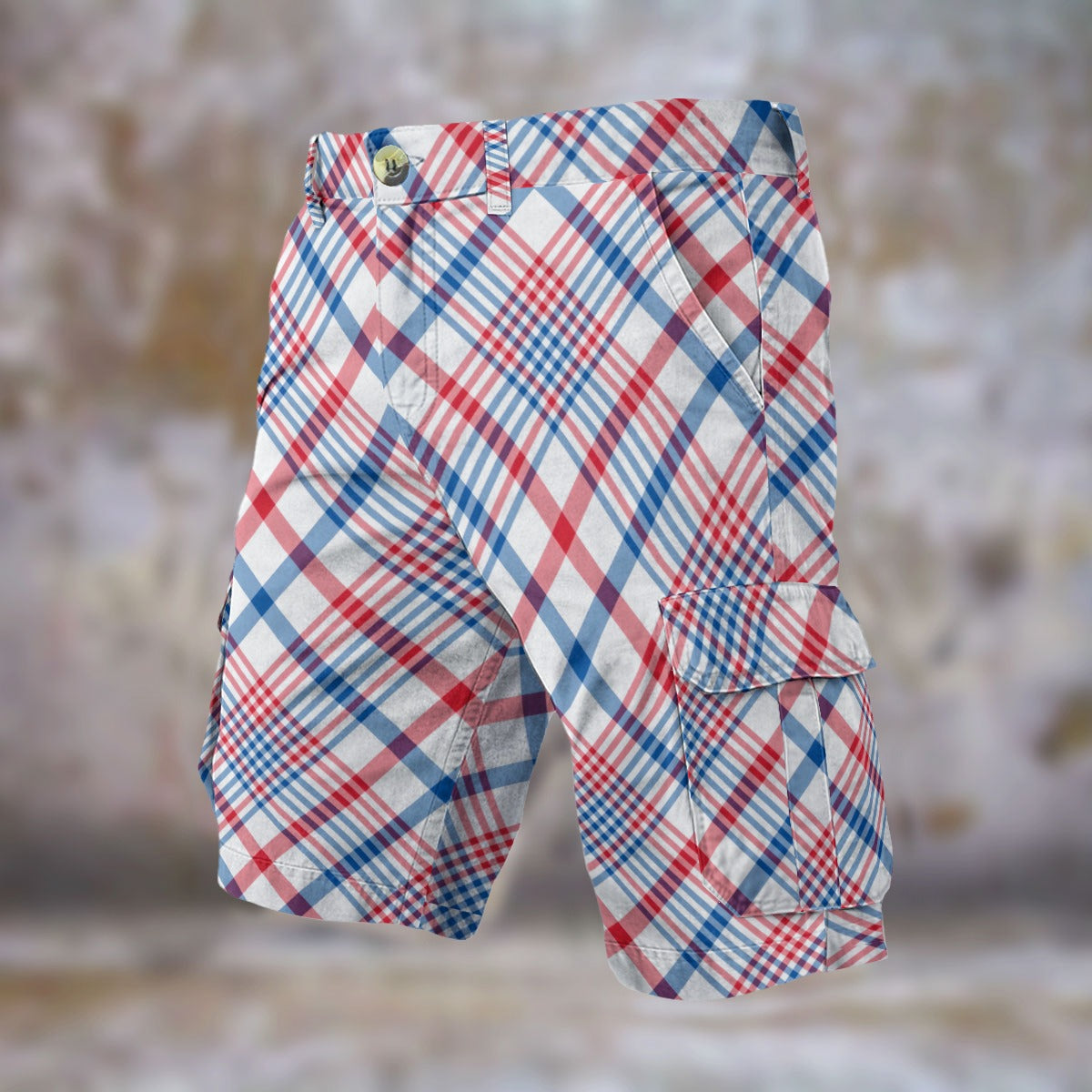 [Brand] plaid cargo shorts featuring red, white, blue pattern.