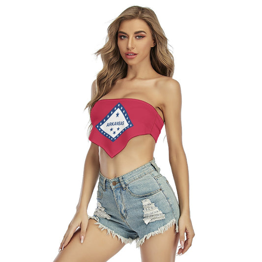 Woman wearing Arkansas top and denim shorts, [Brand] fashion.