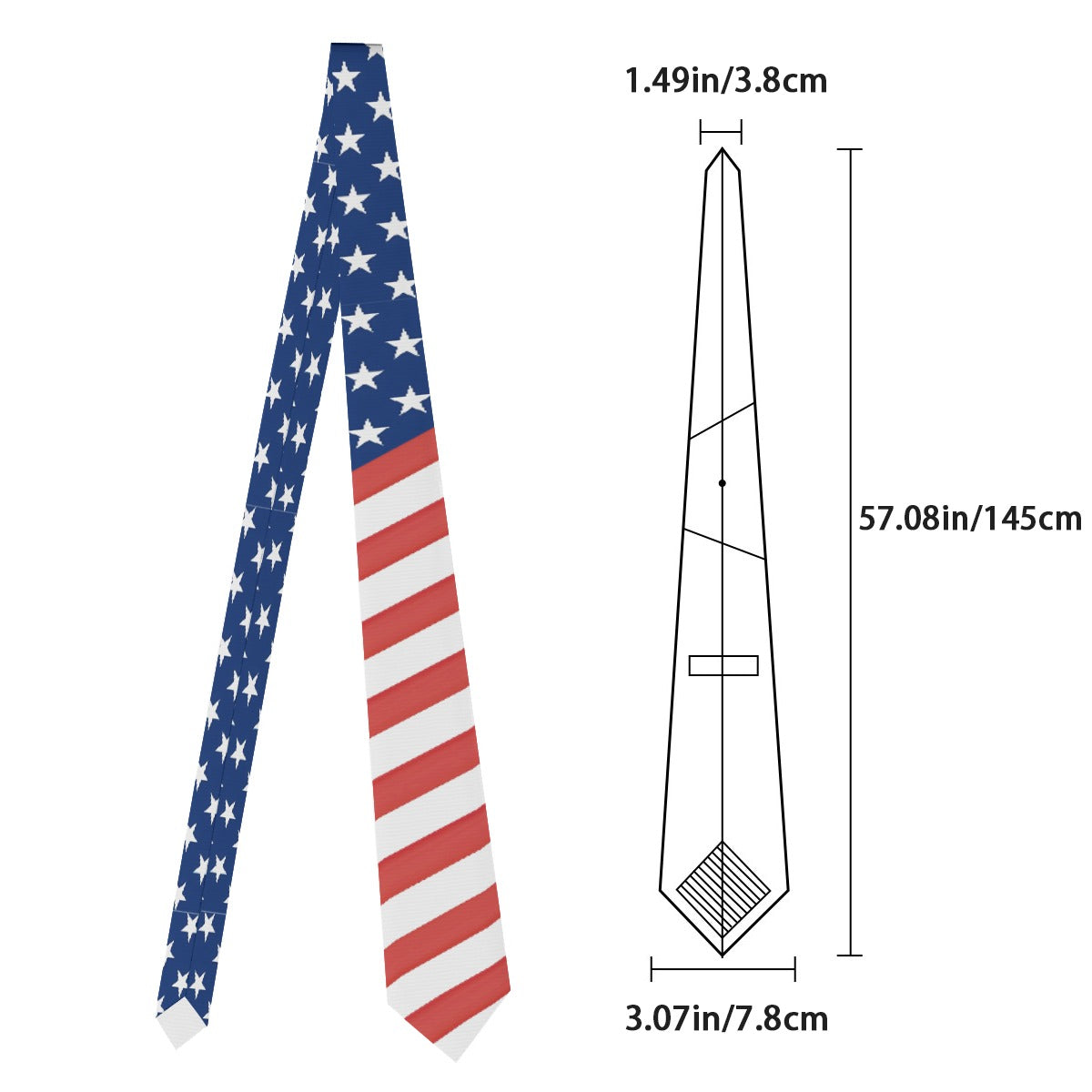 [Brand] American flag tie with dimensions and schematic diagram.