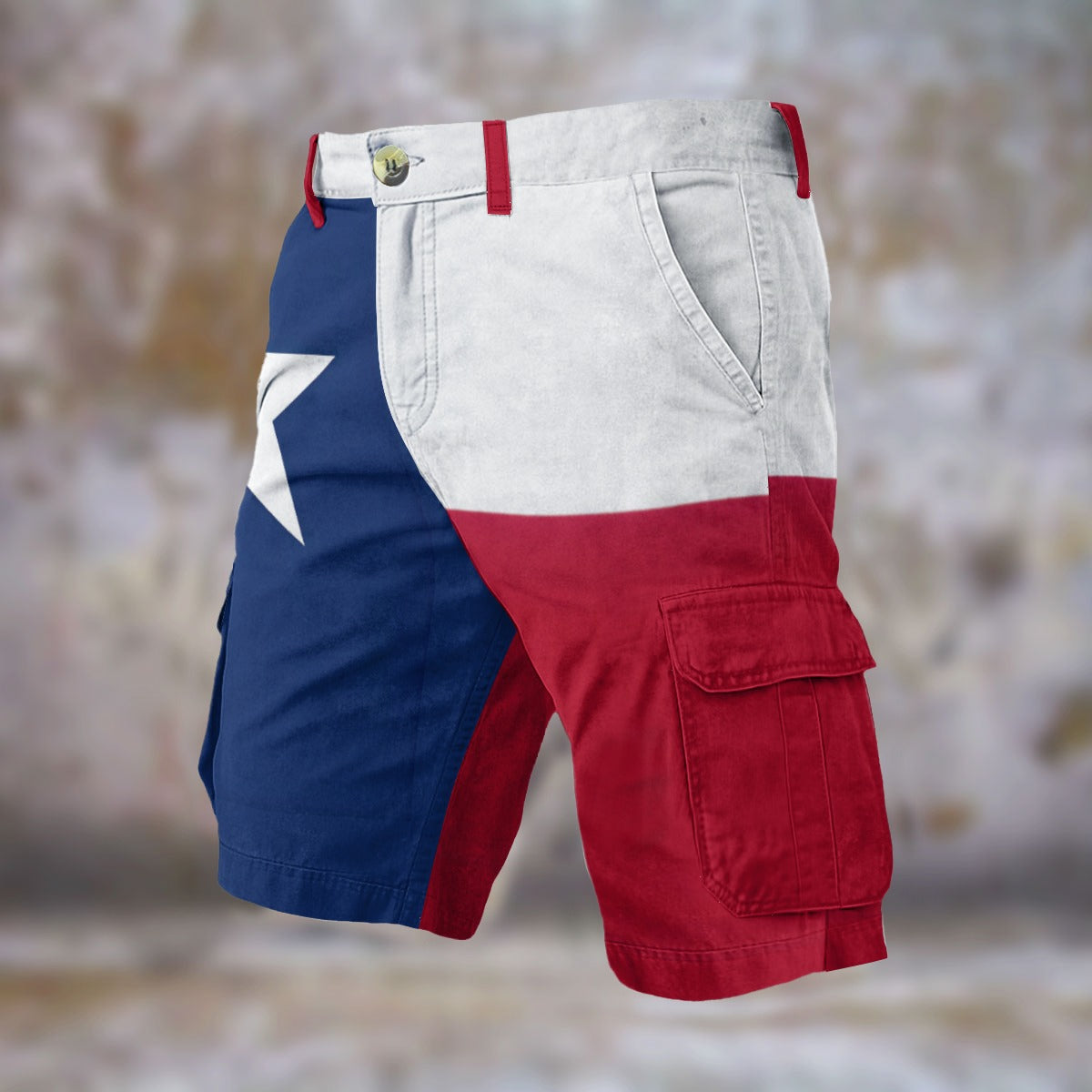 Colorful [Brand] shorts featuring Texas flag design, side pocket.