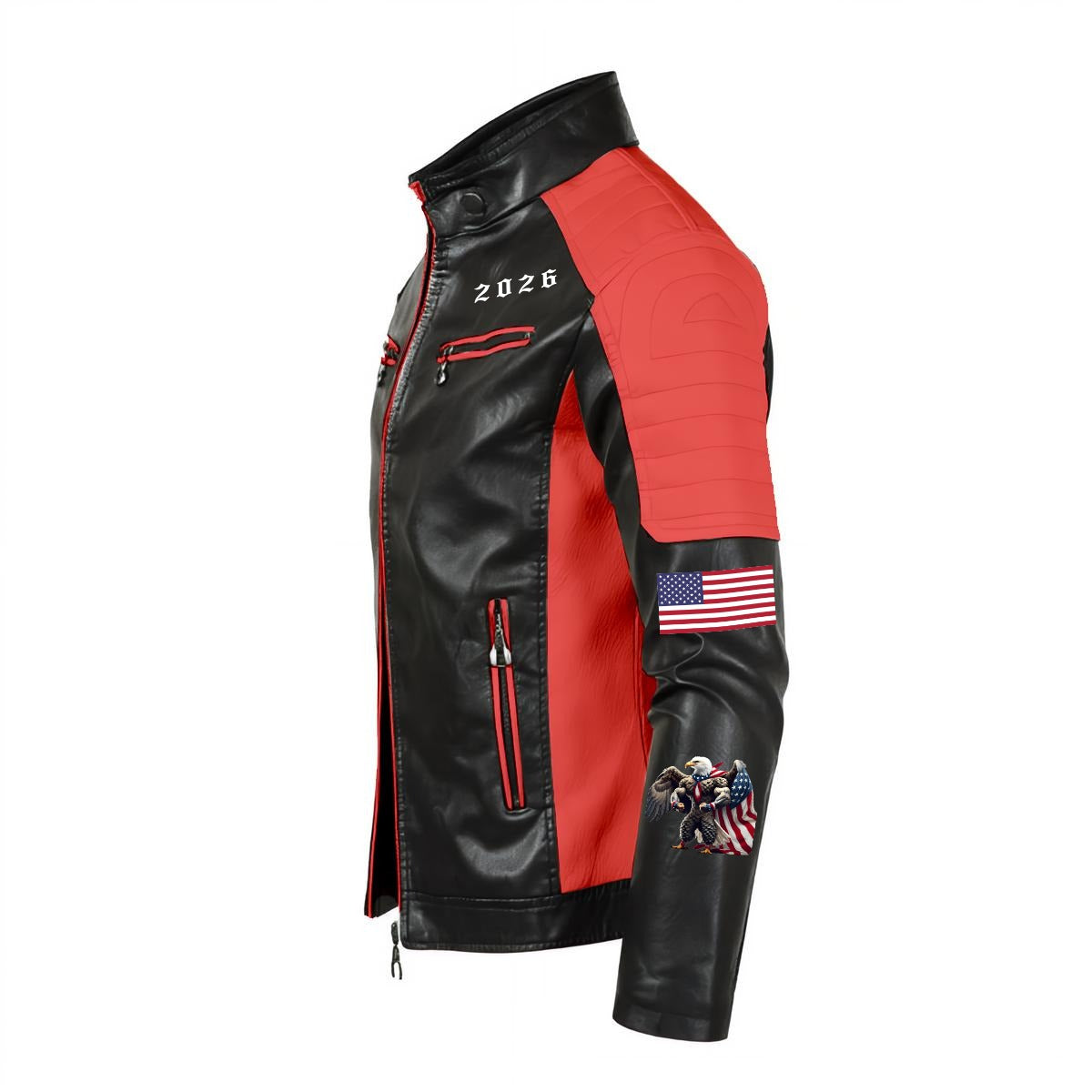 250th Anniversary of the USA Men's Stand-up Collar Block Slim-fit PU Leather Jacket