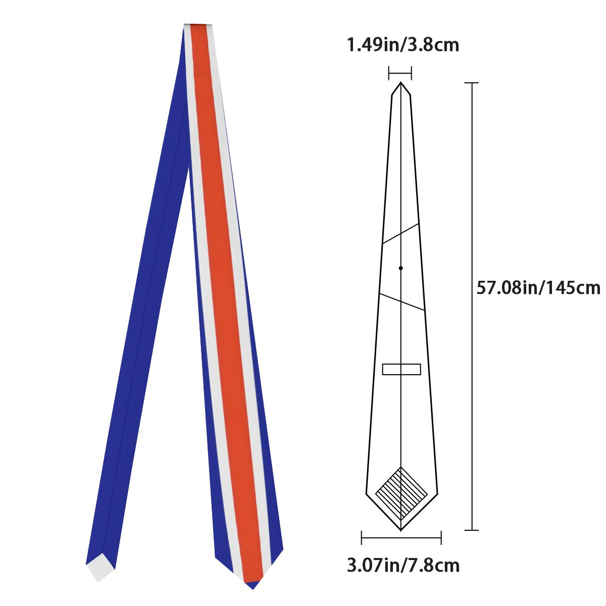 [Brand] tie with red, white, blue stripes and dimensions.