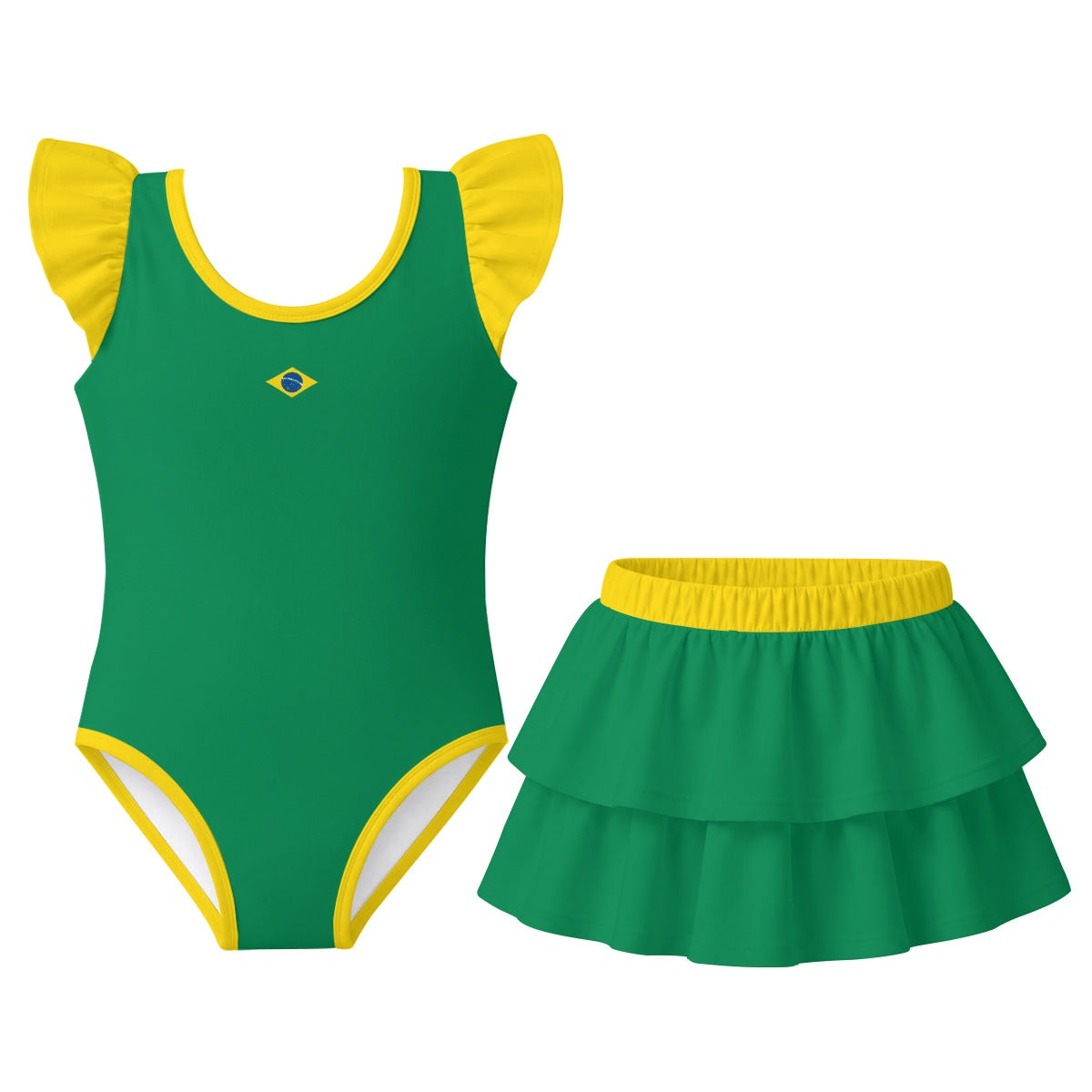 Brazil Flag Inspired Ruffle Layered Girls Swim Set Style-2