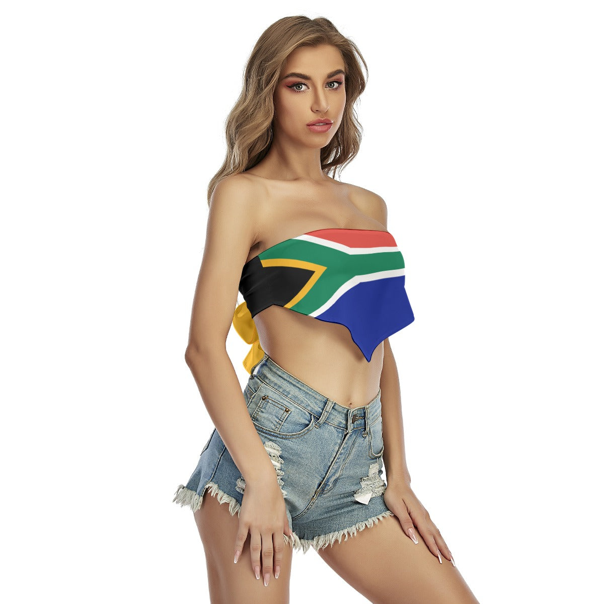 Female model wearing [Brand] top with South African flag design.