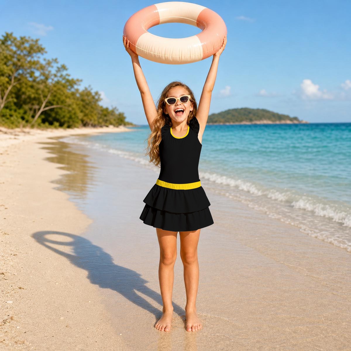 Thin Gold Line Flag Inspired Ruffle Layered Girls Swim Set
