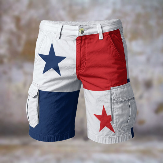 [Brand] shorts featuring red, white, blue stars design pattern.
