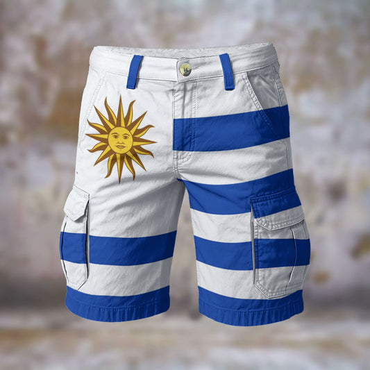 [Brand] cargo shorts with blue stripes and sun design.