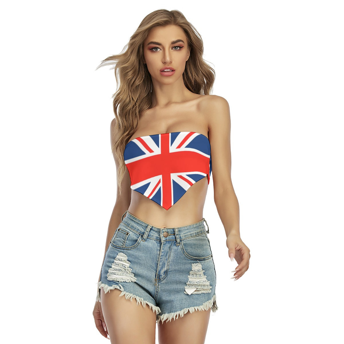 Woman in Union Jack top, denim shorts, [Brand] style.