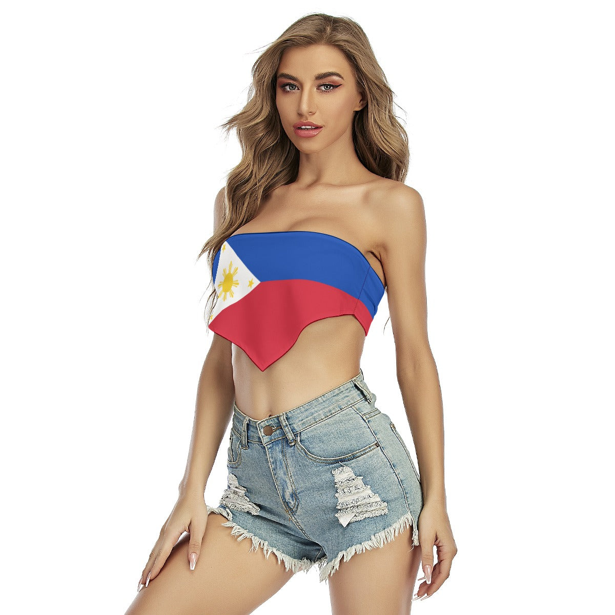 Blonde woman wearing [Brand] Philippine flag tube top.