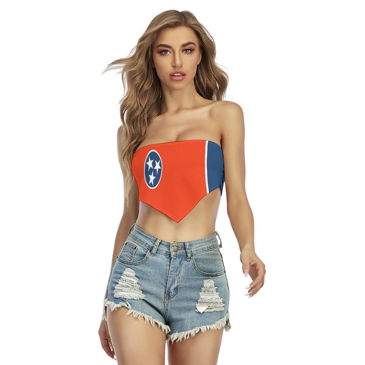 Woman wearing [Brand] top with Tennessee flag design.